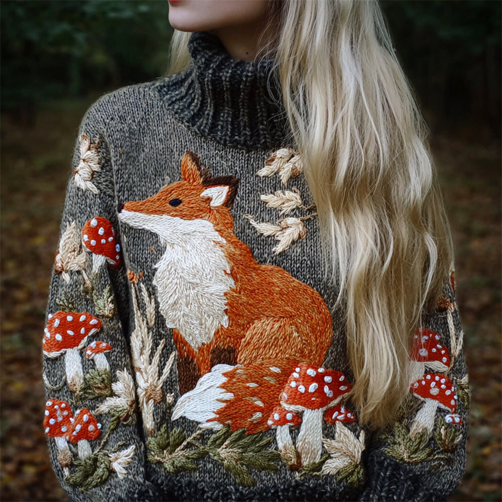 Fall Fox & Mushroom Embroidered Women's Knit Turtleneck Sweater artswardrobe