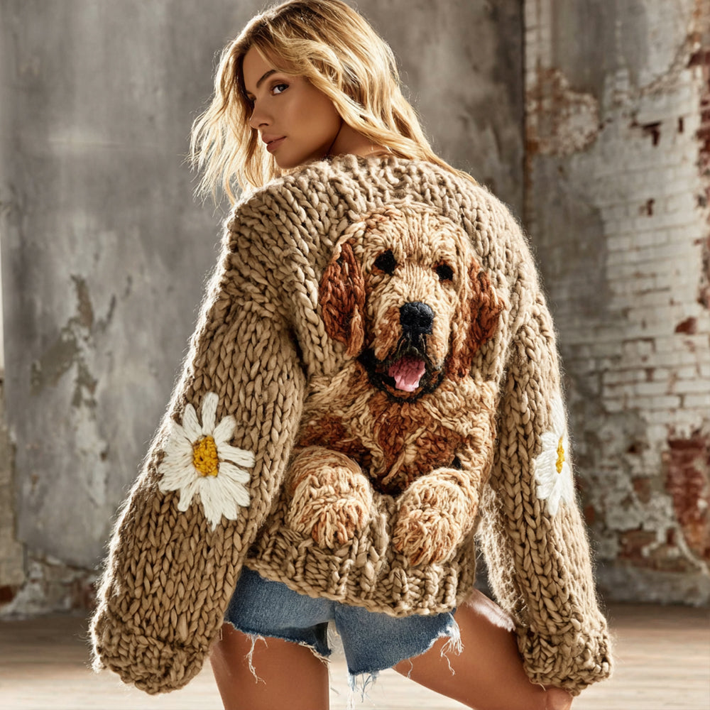 Comstylish Classic Fluffy Cute Dogs With Floral Felt Art Inspired Embroidered Cozy Knit Sweater Cardigan