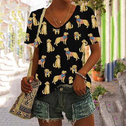 Comstylish Women's Independence Day Golden Retriever Print V-Neck T-Shirt
