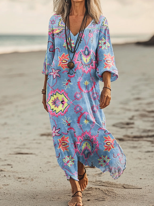 Women's Floral Art Print Pocket Cotton Dresses