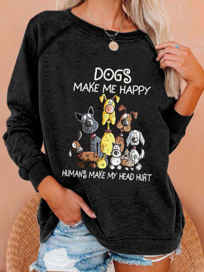 Comstylish Dog Makes Me Happy Print Long Sleeve Sweatshirt