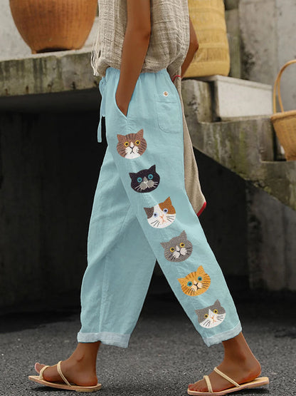 Cute Cats Animal Embroidery Pattern Linen Pants artswardrobe