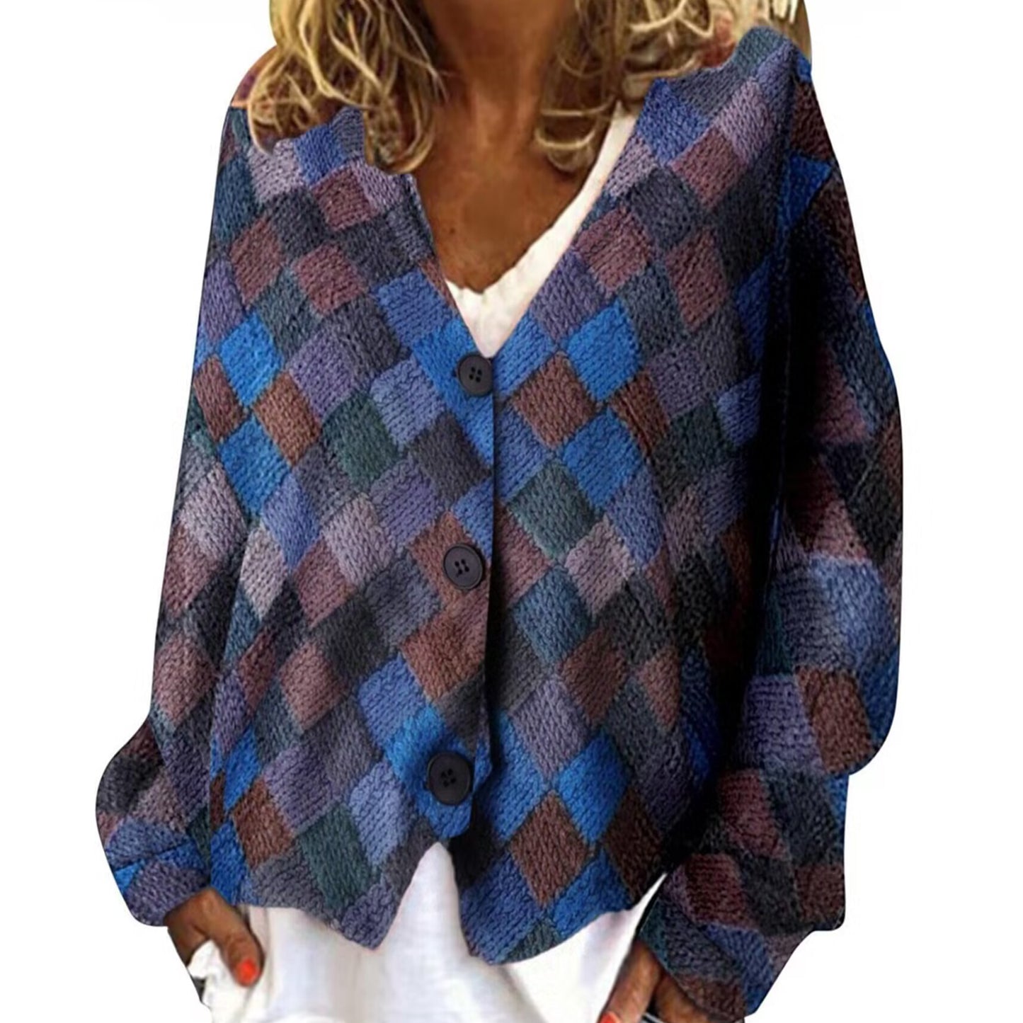 Casual V Neck Geometric Color Block Printed Sweater Cardigan elevenforest