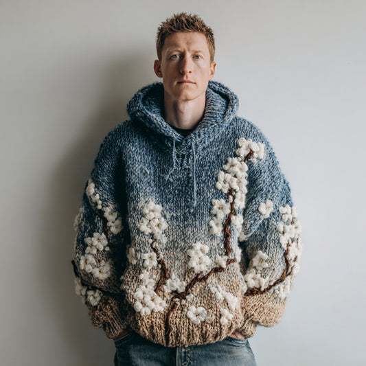 Men's Japanese Almond Blossom Gradient Warm Hooded Sweater artswardrobe