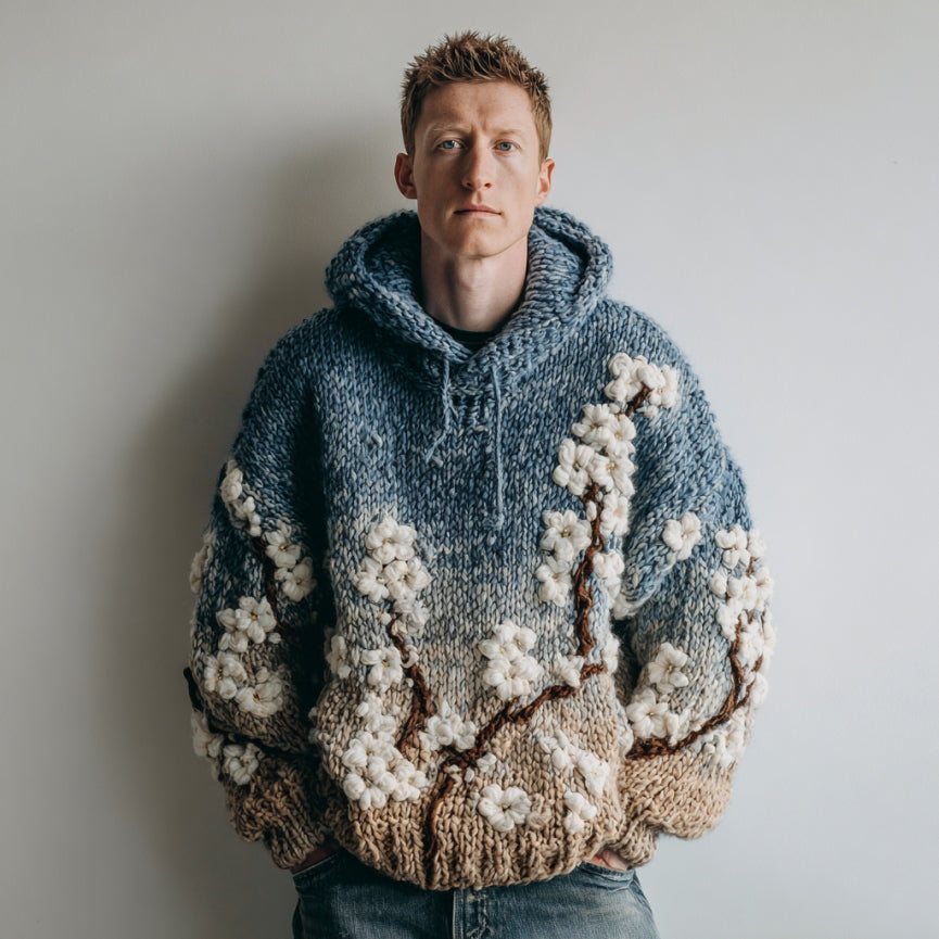 Men's Japanese Almond Blossom Gradient Warm Hooded Sweater elevenforest