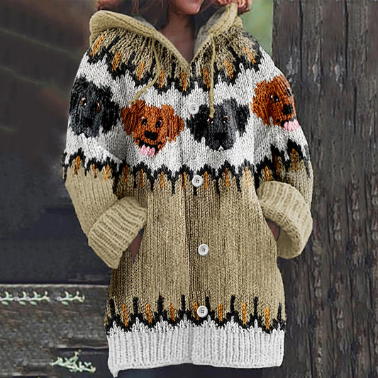 Vintage Cut Dog Iceland Jacquard Art Cozy Hooded Cardigan elevenforest