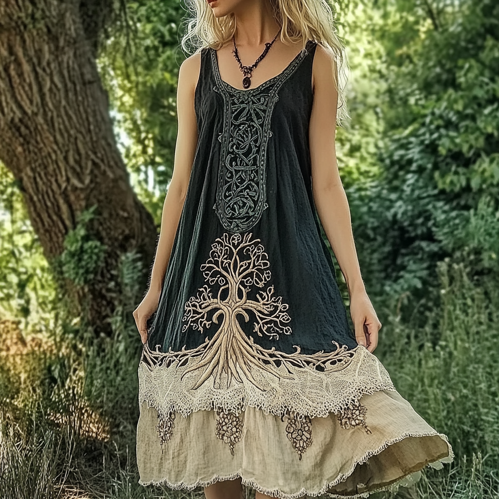 Women's Vintage Viking Tree Of Life Lace Design Sleeveless Dress artswardrobe