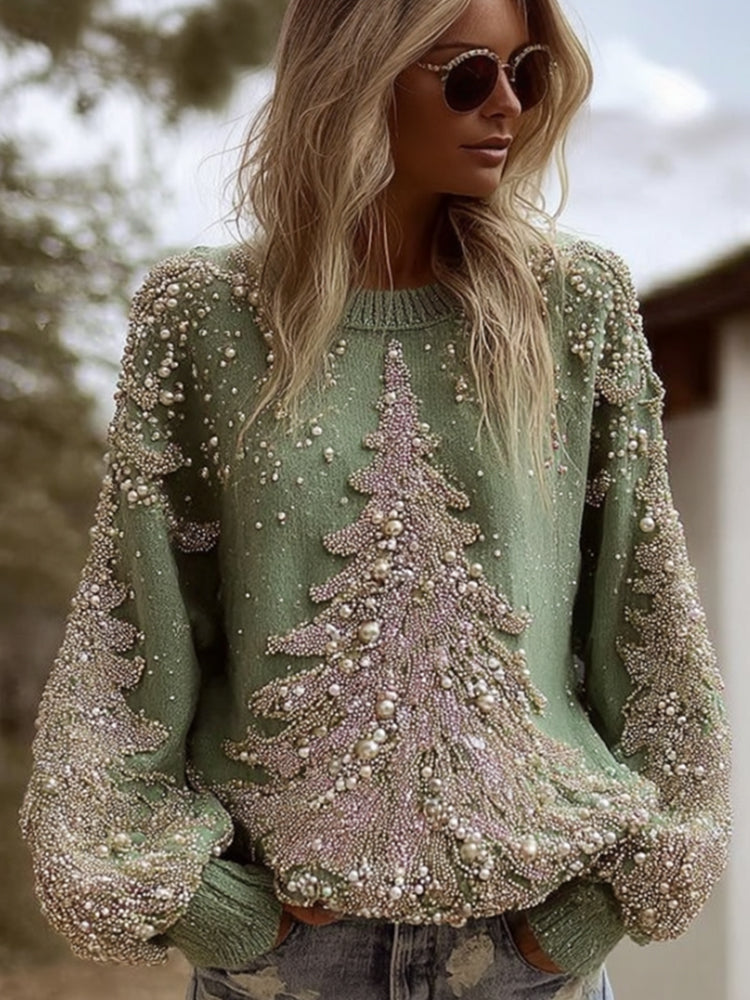 Maglione in cotone con albero di Natale di perline