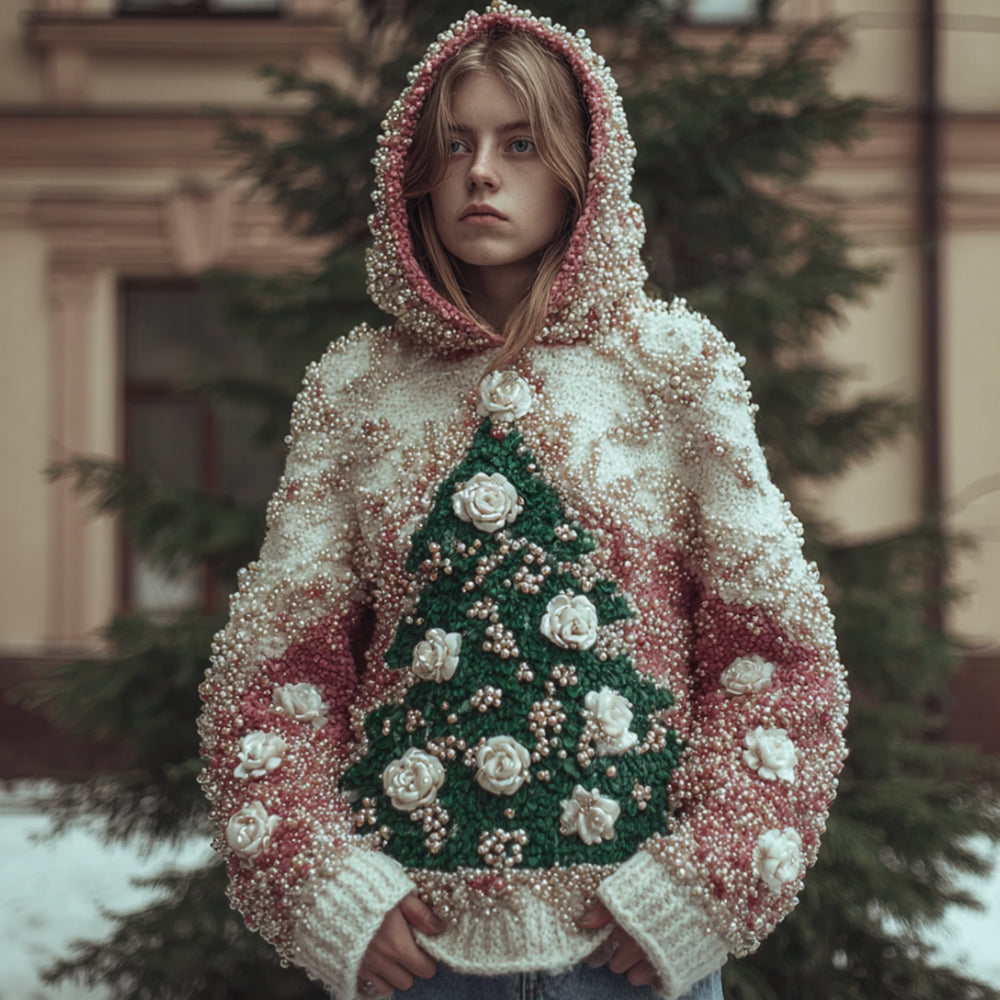 Women's Vintage Christmas Tree Color Blocked Limited Edition Hooded Sweater artswardrobe