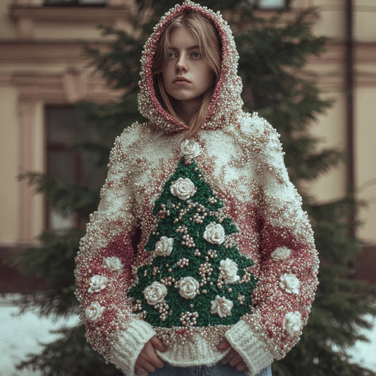 Women's Vintage Christmas Tree Color Blocked Limited Edition Hooded Sweater artswardrobe