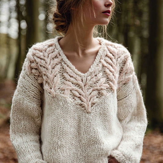 Women's Retro Leaf Knitted Warm V-neck Sweater elevenforest