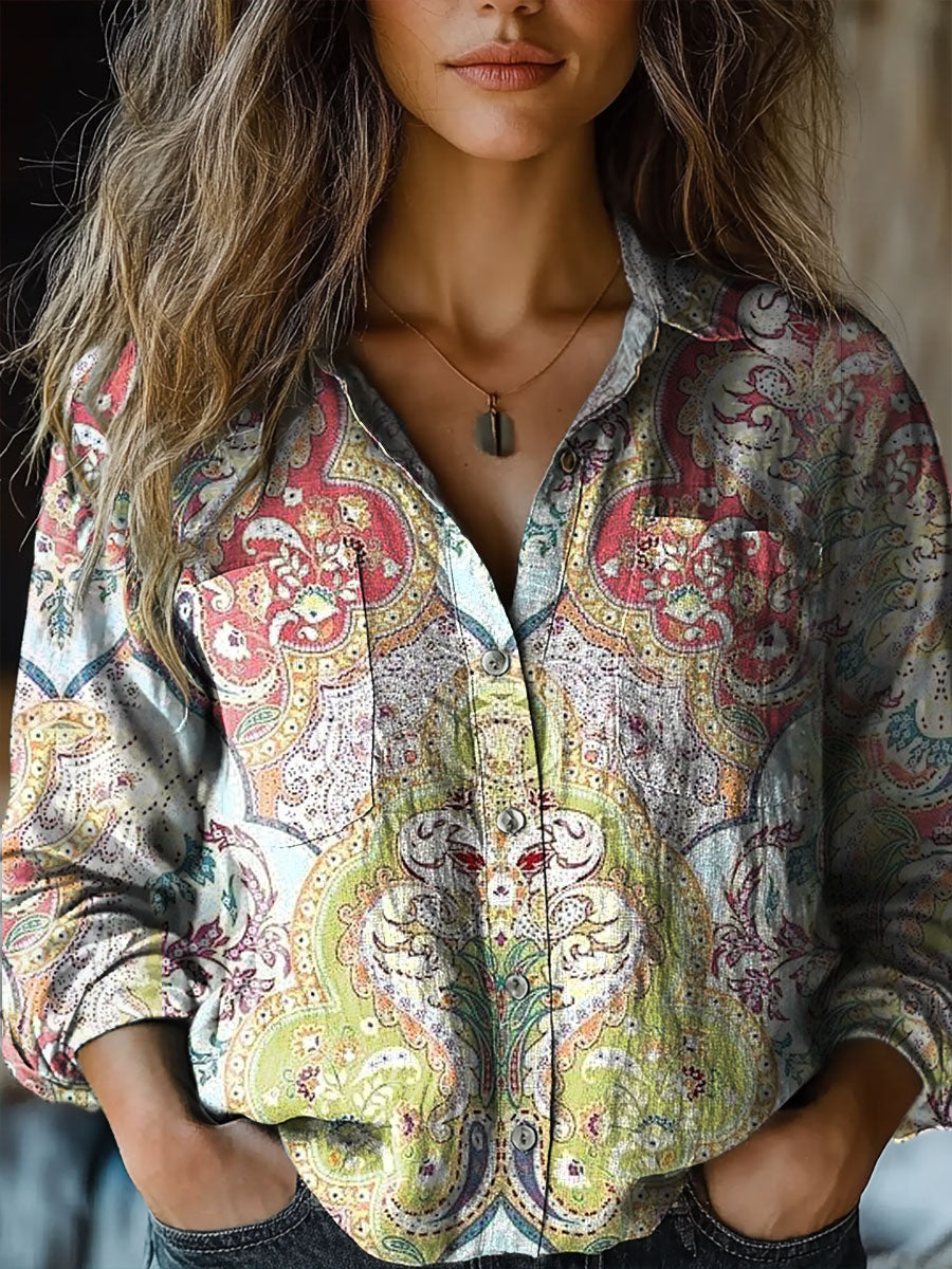 Women's Retro Ethnic Floral Pattern Art Print Casual Long Sleeve Comfo