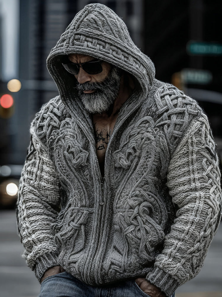 Men's Viking Dragon Totem Chunky Knit Hooded Cardigan artswardrobe
