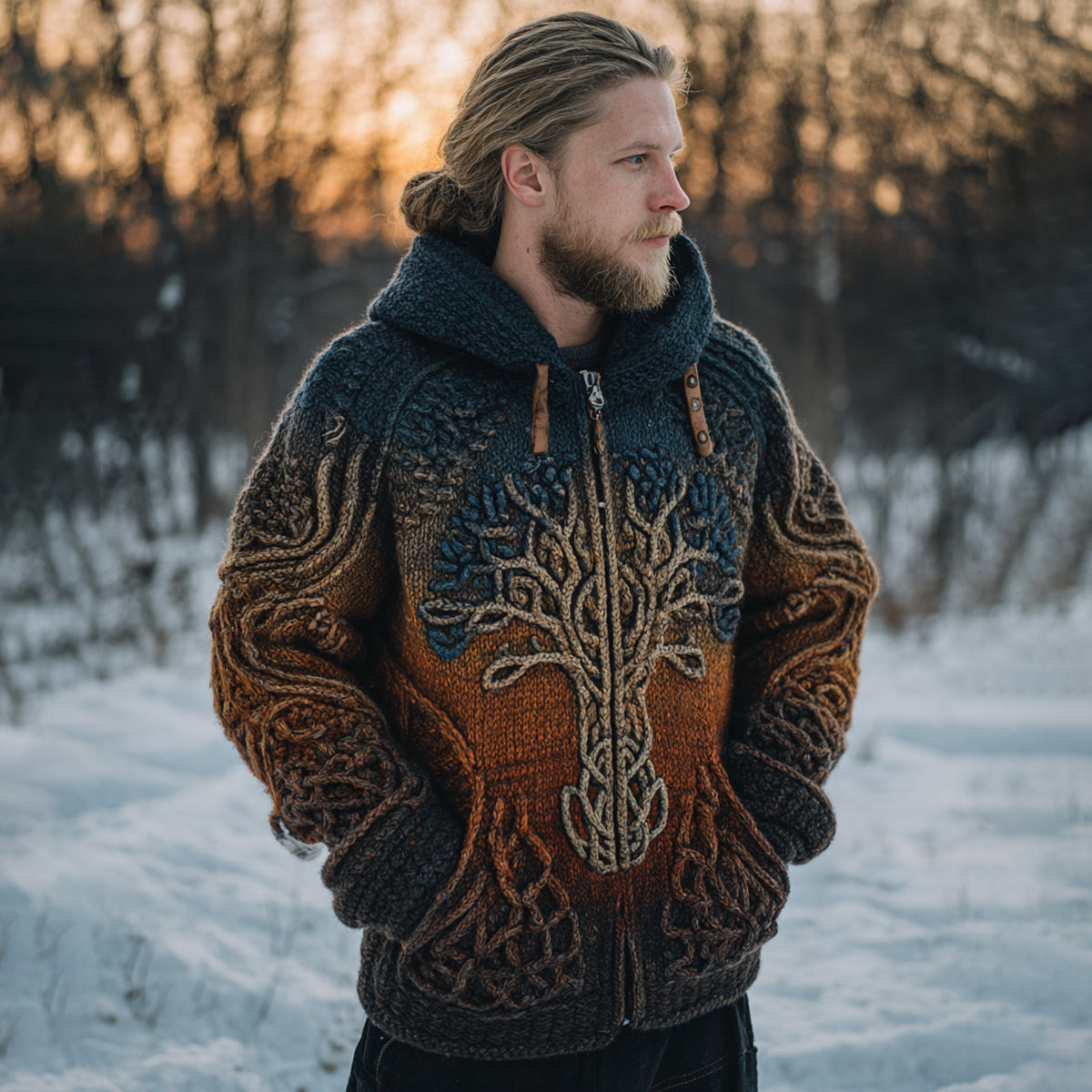 Men's Vintage Viking Tree Of Life Celtic Knot Gradient Art Chunky Knit Hooded Zip-up Sweater artswardrobe