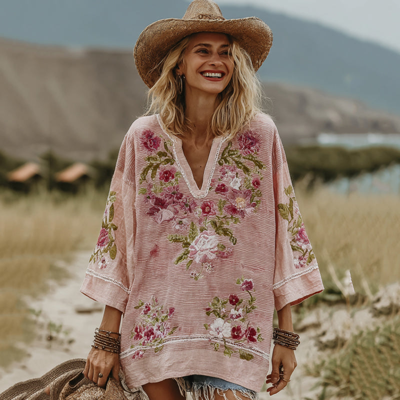 Comstylish Love & Health Collection Retro Western Women Style Vintage Pink Striped And Floral Patchwork Art Linen Shirt