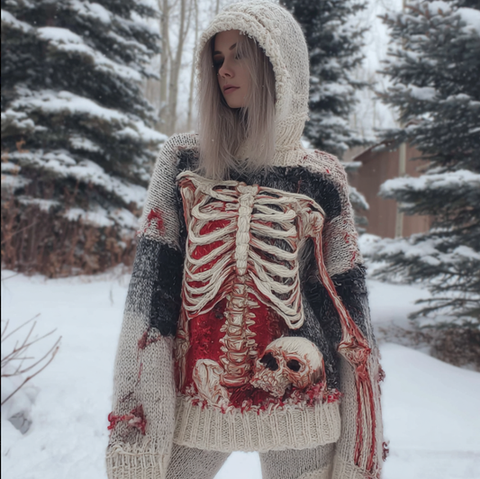 Lady's Halloween Gothic Style Skull Skeleton Pattern Knitted Sweater artswardrobe