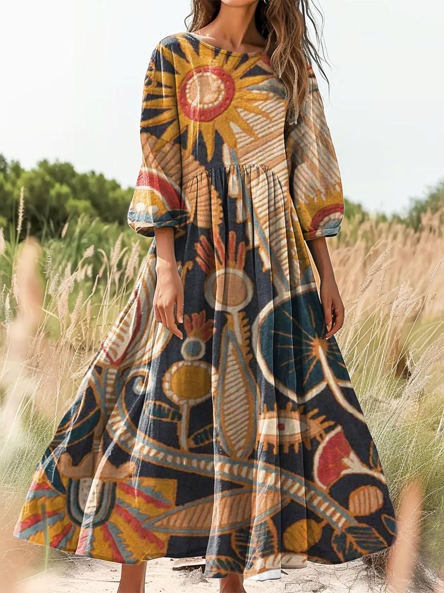 Women's Vintage Ethnic Art Print Flowy Cotton Crew Neck Dress