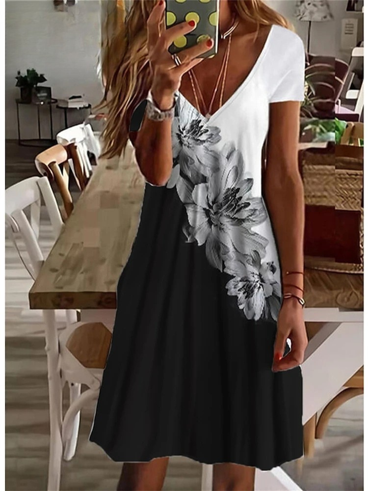 ER | Donna Sundress Midi Dress Manica corta Stampa floreale Estate Casual V Neck Abiti allentati Plus Size 2024 Abbigliamento Donna Vestidos