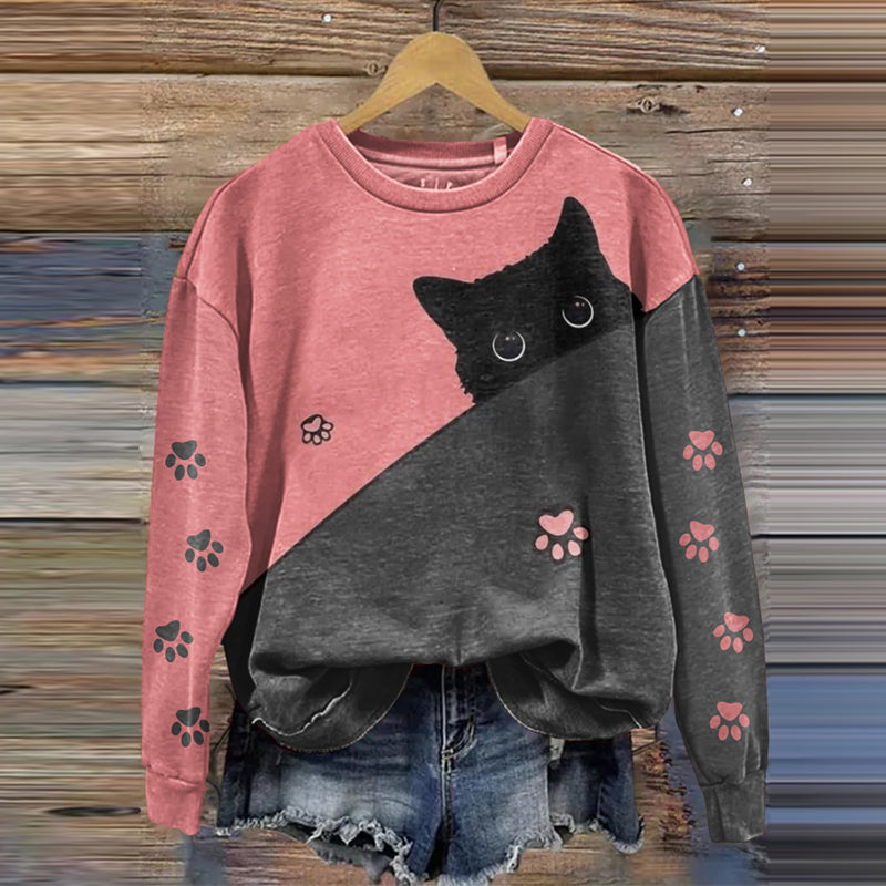 Comstylish Abstract Creative Cute Black Cat Print Crew Neck Casual Sweatshirt
