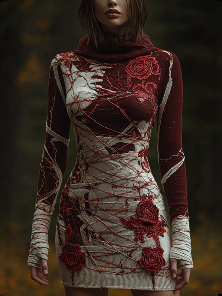 Halloween Skull Floral Knitted Warm Hooded Sweater artswardrobe