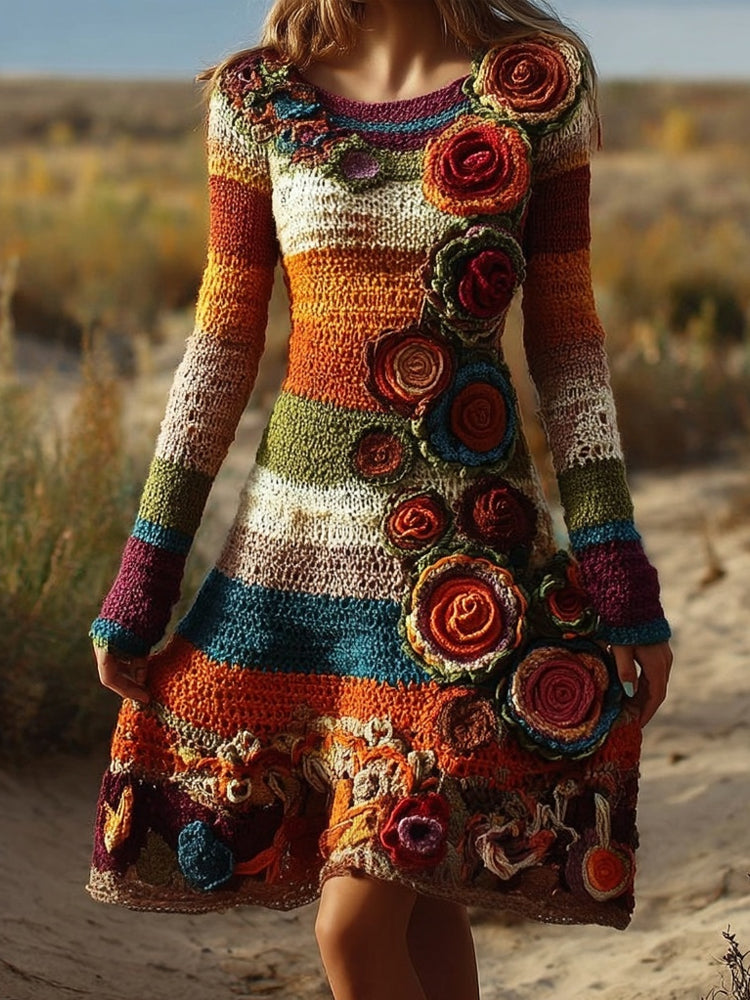 Vintage Bohemia Flower Crochet Striped Midi Sweater Dress artswardrobe