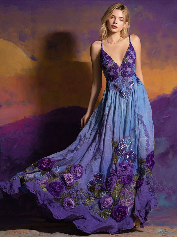 Boho Floral Embroidery Gradient Women's V-neck Spaghetti Straps Flowy Maxi Dress artswardrobe