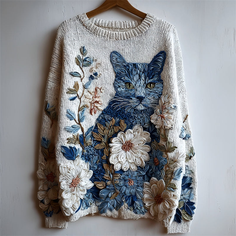 Vintage Cat Floral Embroidered Cozy Knit Sweater artswardrobe