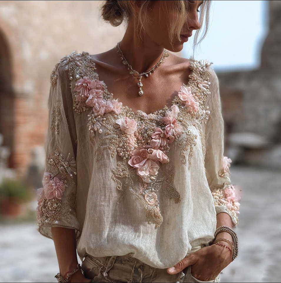 Comstylish Bohemian Style 3d Pink Flowers And Embroidery Women's Round Neck Cotton And Linen Top
