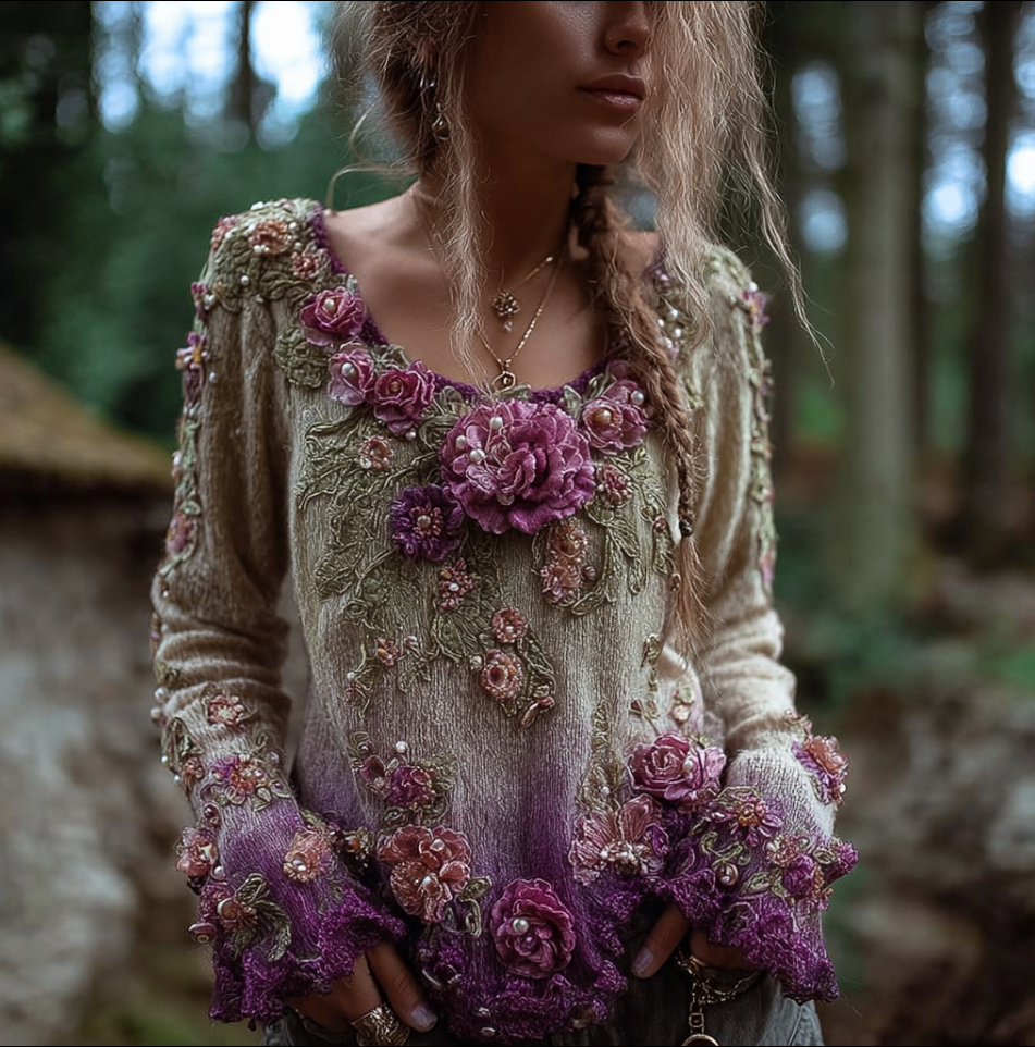 Bohemian Style Round Neck Long Sleeve 3d Purple Flower Design Women's Sweater elevenforest