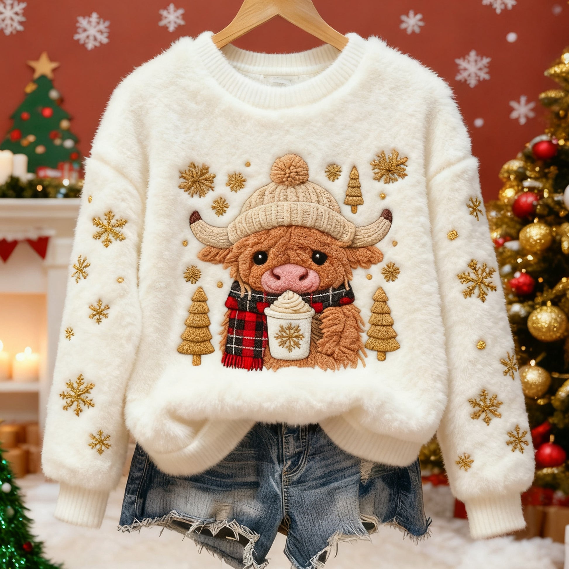 Comstylish Cute Christmas Tree And Cow Pattern Warm Crew Neck Sweater