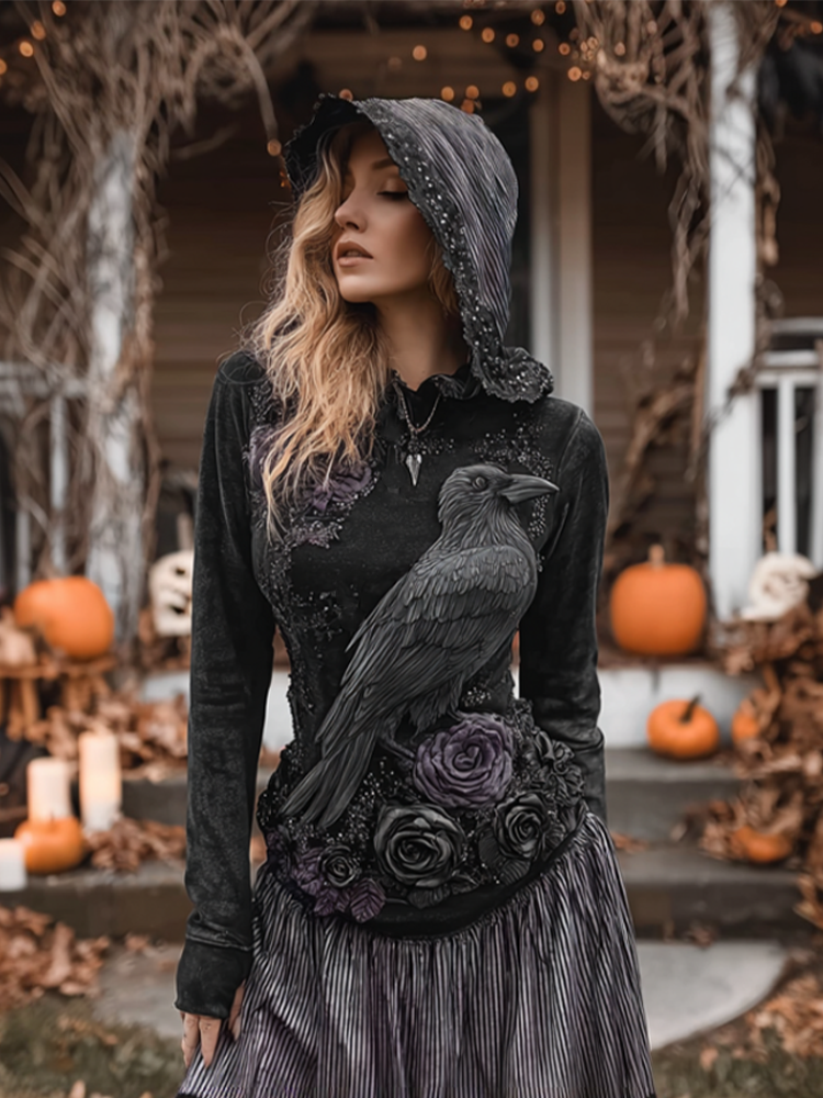 Comstylish Halloween Dark Crow Witch Design Women's Hooded Close-fitting Top