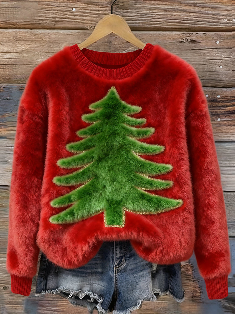 Vintage Christmas Tree Embroidered Pullover Plush Sweater artswardrobe