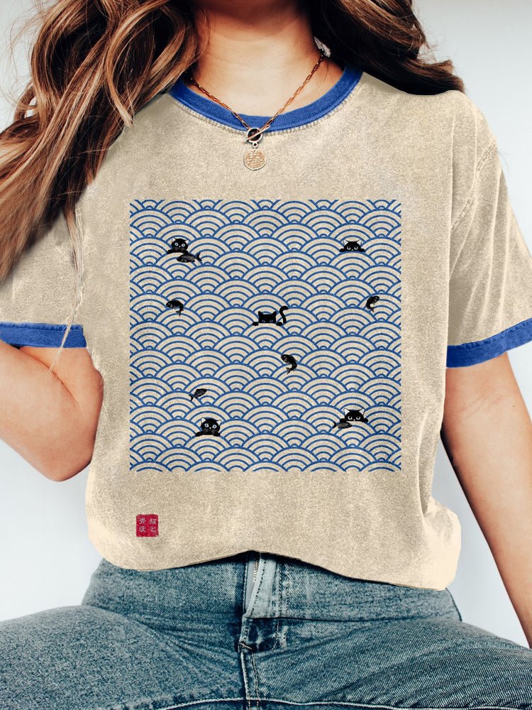 Japanese Ocean Waves & Cats Art Washed T Shirt elevenforest