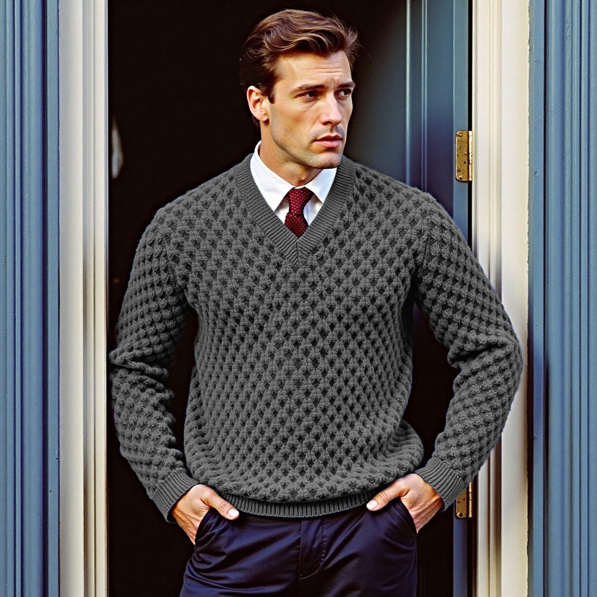 Men'S Waffle Jacquard British V-Neck Sweater elevenforest