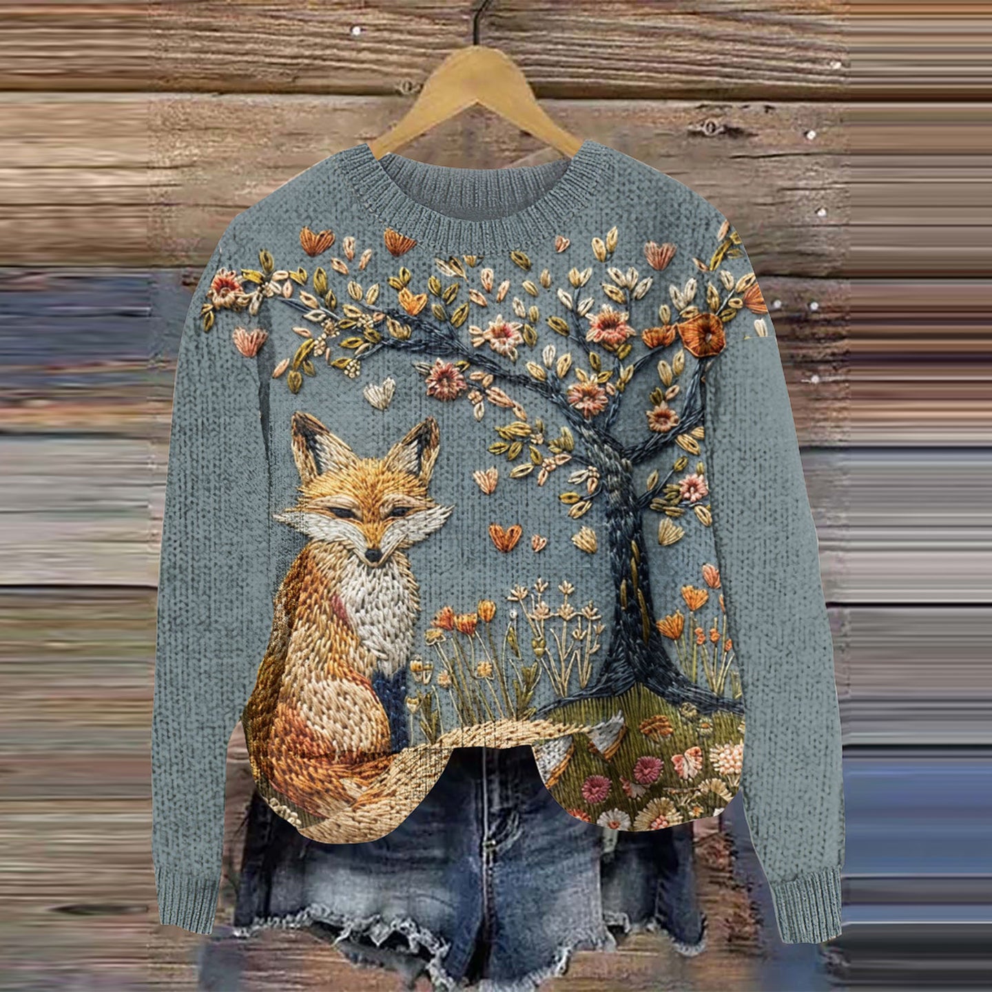 Vintage Fox Floral Art Crew Neck Cozy Sweater artswardrobe