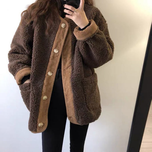 Winter Color Matching Thick Sheep Wool Cotton Jacket