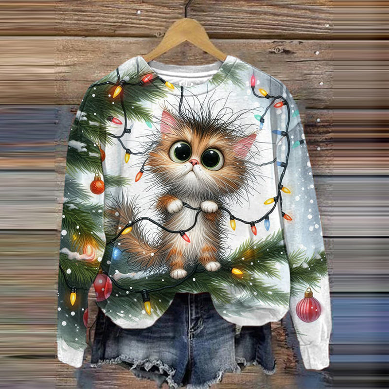 Comstylish Cute Christmas Cat Print Crew Neck Casual Sweatshirt