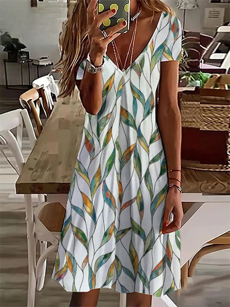 ER | Donna Sundress Midi Dress Manica corta Stampa floreale Estate Casual V Neck Abiti allentati Plus Size 2024 Abbigliamento Donna Vestidos