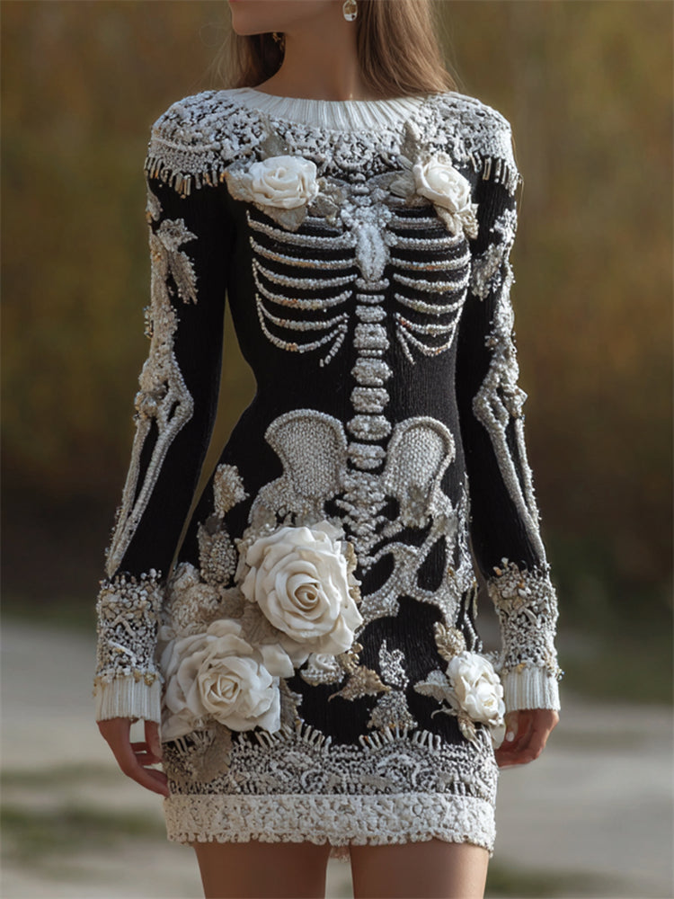 Vintage Glitter Skeleton White Roses Lace Hem Knit Sweater Dress artswardrobe