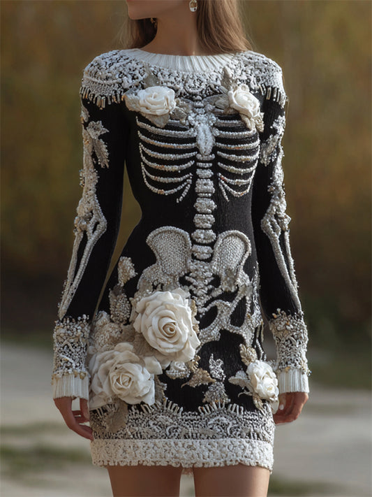 Vintage Glitter Skeleton White Roses Lace Hem Knit Sweater Dress artswardrobe