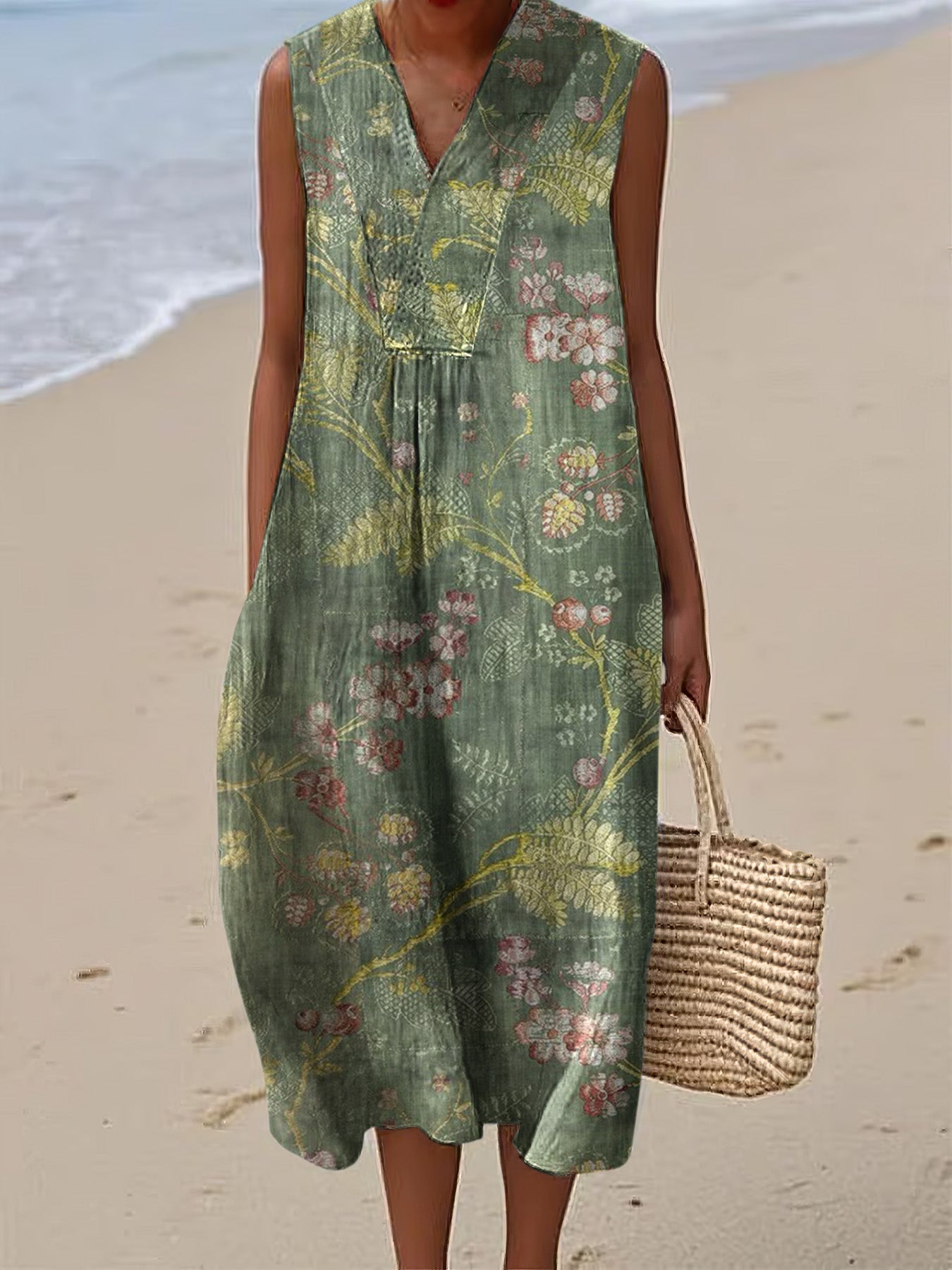 Vintage Floral Art Linen And Cotton V Neck Tank Dress artswardrobe