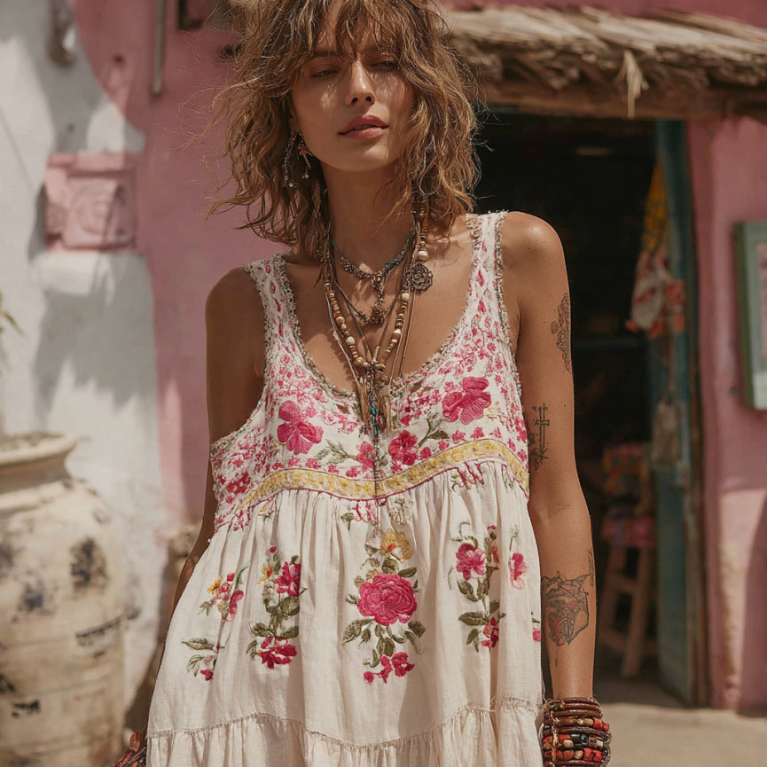 Pink Rose Embroidery Crew Neck Linen Blend Tank Top artswardrobe