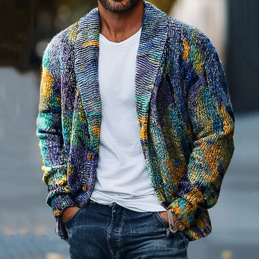 Men'S Vintage Watercolor Art Print Pattern Knitted Cardigan Sweater elevenforest