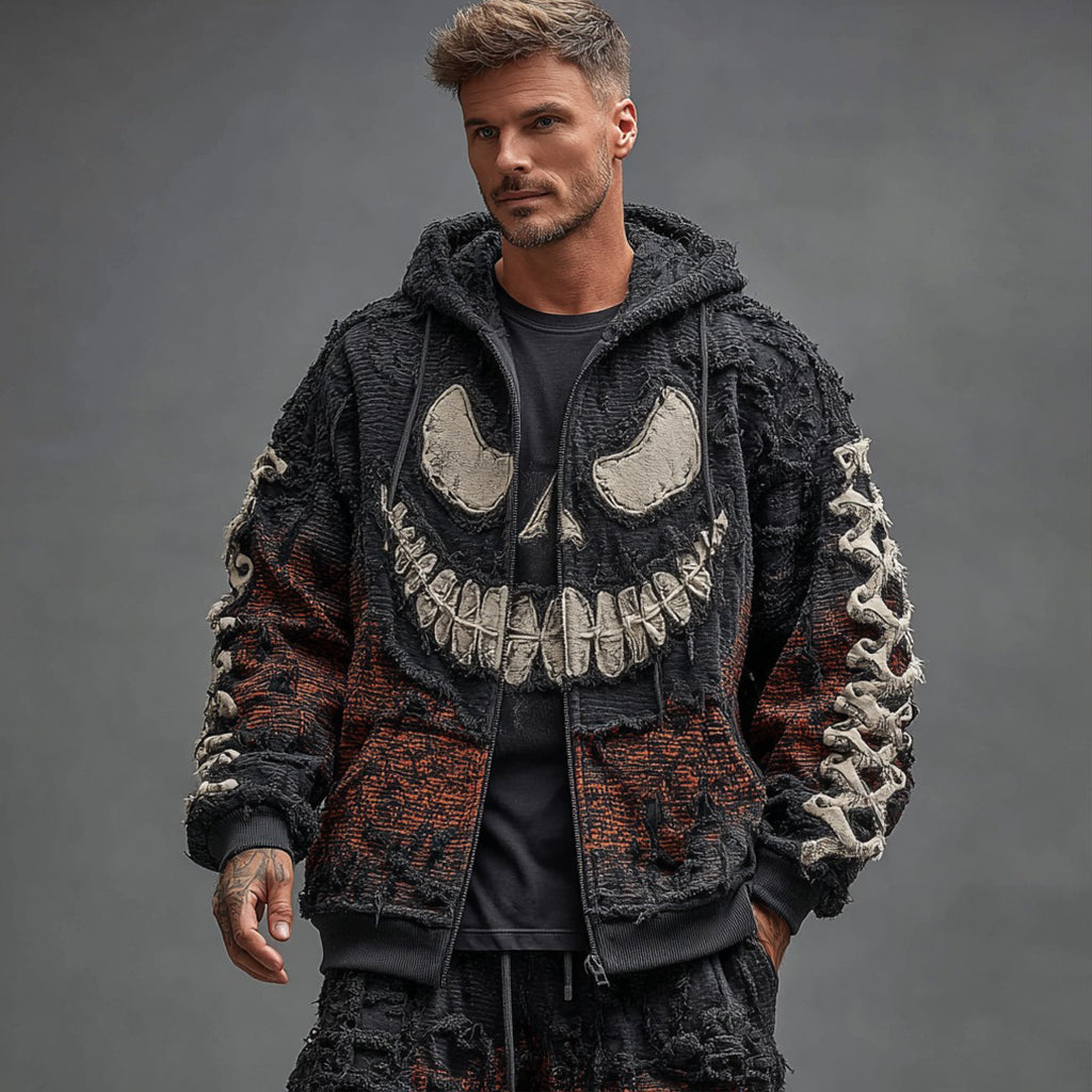 Men's Halloween Smiley Face Art Knitted Zip-up Hooded Sweater artswardrobe