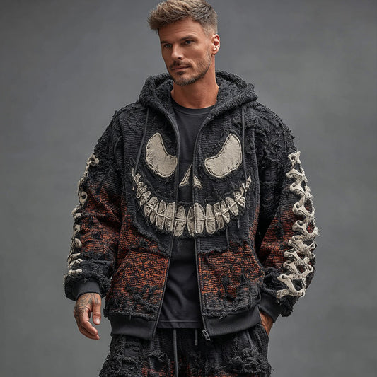 Men's Halloween Smiley Face Art Knitted Zip-up Hooded Sweater artswardrobe