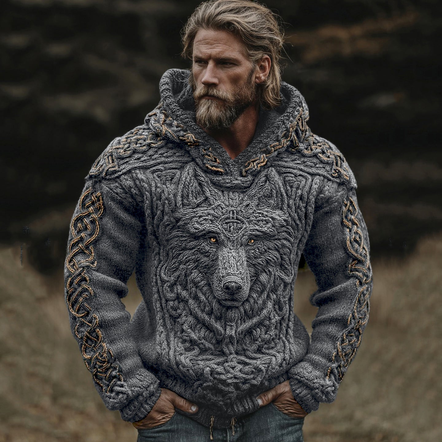 Men's Viking Wolf Celtic Knot Jacquard Knitted Hooded Sweater elevenforest