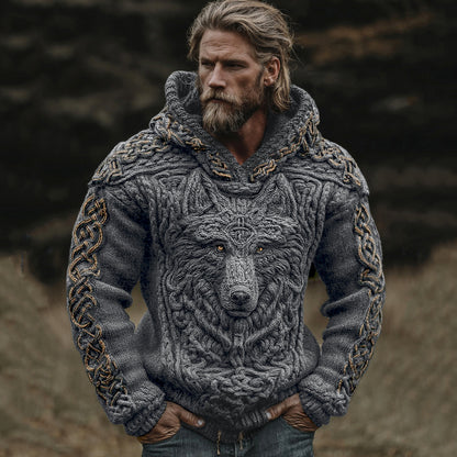 Men's Viking Wolf Celtic Knot Jacquard Knitted Hooded Sweater elevenforest