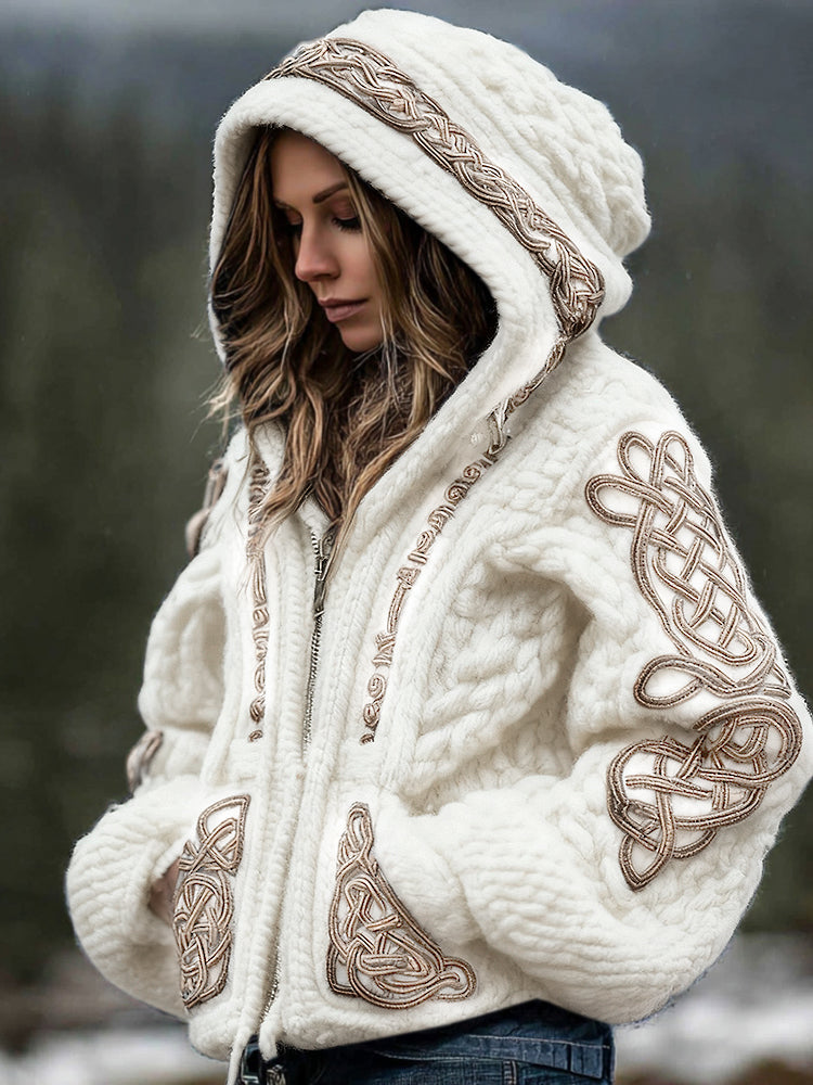 Women's Viking Celtic Knot Cozy Warm Knit Full Zip Hooded Sweater artswardrobe