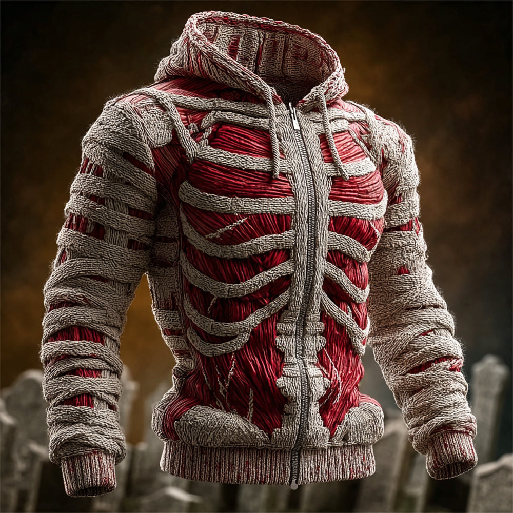 Halloween Bloody Skeleton Bandage Art Men's Knit Hooded Zip-up Sweater artswardrobe
