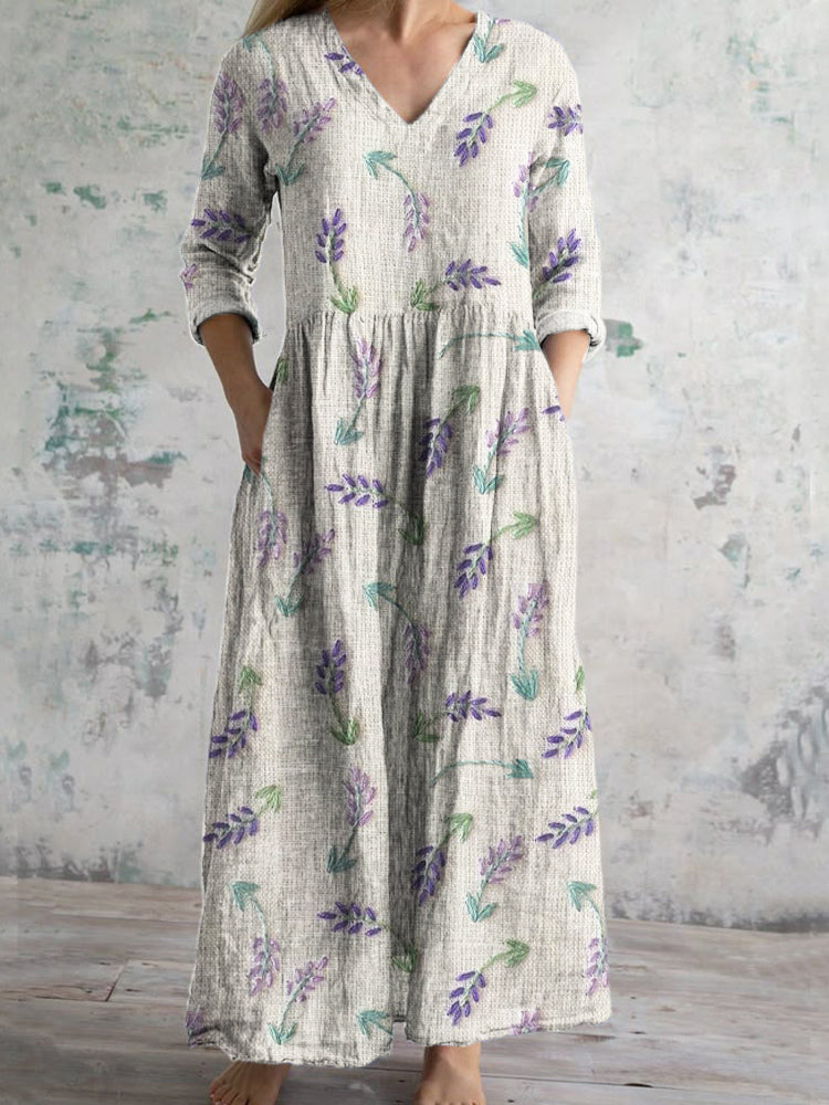 Forest Floral Embroidery Women's Linen Maxi Dress artswardrobe